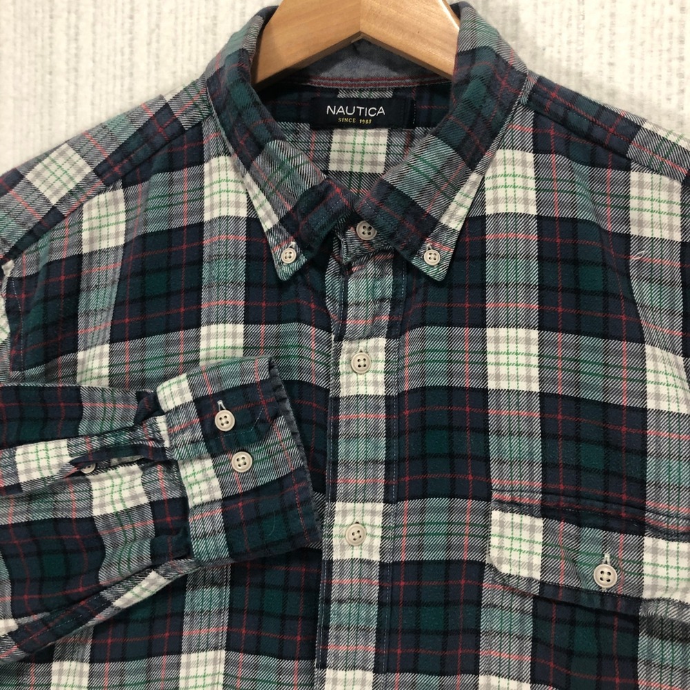 Nautica Plaid Flannel Button Up Shirt Long Sleeve Green Blue Red Men's Size L